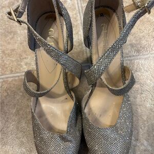 Guess Silver Glitter Crisscross Ankle Strap Heels